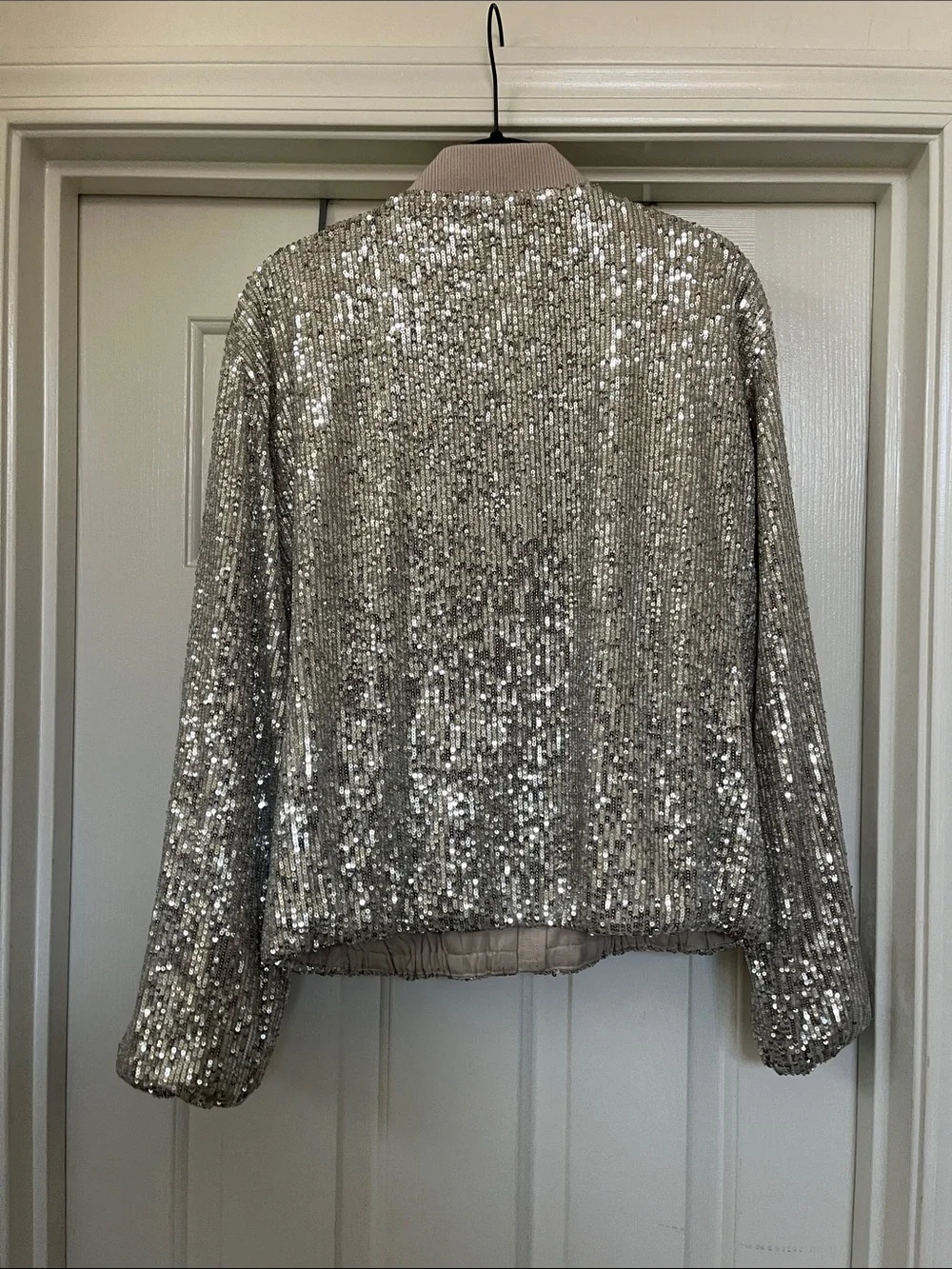 LOFT Silver Sequin Bomber with Ribbed Trim